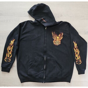 Harley Davidson Black Zip Up Hoodie Flames Eagle Print Mens XL Black Jacket